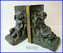 Antique Art Deco Nouveau 1920s Ronson Fairy Cherub & Butterfly Bronze Bookends