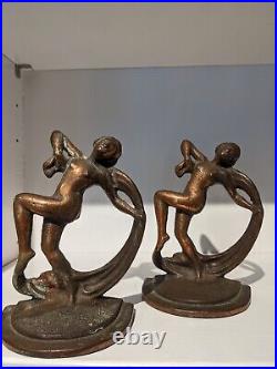 Antique Art Deco Nouveau Bronze finish, Cast Iron Nude Lady Dancing Bookends