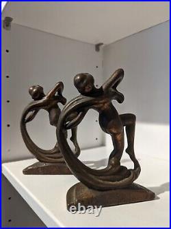 Antique Art Deco Nouveau Bronze finish, Cast Iron Nude Lady Dancing Bookends