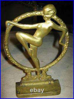 Antique Art Deco Nude Dancing Lady In Ring Art Statue Sculpture Bronze Bookends