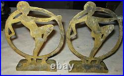 Antique Art Deco Nude Dancing Lady In Ring Art Statue Sculpture Bronze Bookends