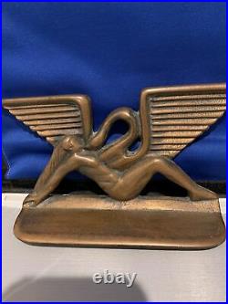 Antique Art Deco Nude Winged Lady Cast Iron Bronze Sculpture Bookends RARE