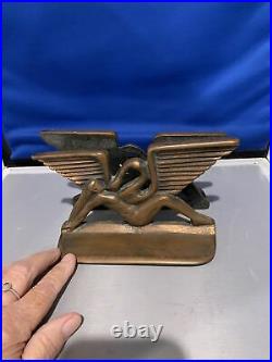 Antique Art Deco Nude Winged Lady Cast Iron Bronze Sculpture Bookends RARE