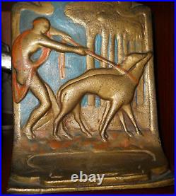 Antique Art Deco Pompeian Bronze Nude Girl Dogs Diana & Hounds Bookends