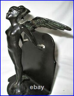 Antique Art Deco Ronson Nude Wing Lady Earth Revival Statue Sculpture Bookends