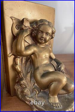 Antique Art Nouveau 1920s Ronson Fairy Cherub & Butterfly Bronze Metal Bookends