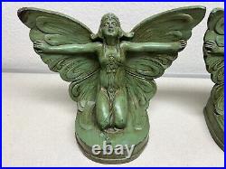 Antique Art Nouveau Deco Winged Nude Lady Egyptian Sphinx Figural Old Bookends