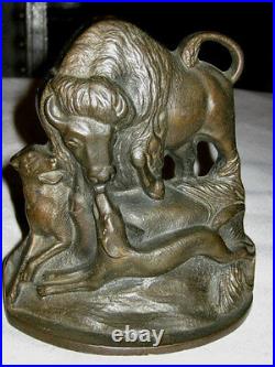 Antique Bison Buffalo Hunt Art Statue Bookends Cast Iron Dog Book Sculpture Deco