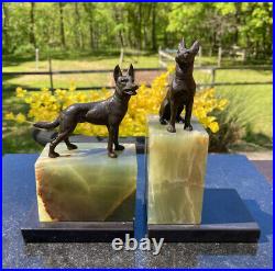 Antique Bookends Pair Bronze/Brass Statue Shepards Green Onyx Base 1920's