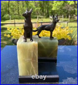 Antique Bookends Pair Bronze/Brass Statue Shepards Green Onyx Base 1920's