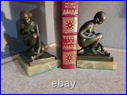 Antique Bookends Pair Bronze/ Statue Shepards Green Onyx Base 1920's