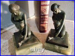 Antique Bookends Pair Bronze/ Statue Shepards Green Onyx Base 1920's
