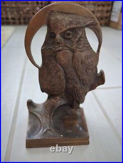 Antique Bronze Art Deco Owl Under Moon Statue Sculpture Bookends