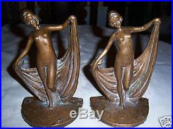 Antique Bronze Bookends Art Deco Nouveau Nude Dance Lady Bust Statue Book Ends