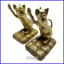 Antique Bronze Cat Weighted Bookends Kitties Playing On Pillows Gold