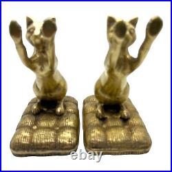 Antique Bronze Cat Weighted Bookends Kitties Playing On Pillows Gold