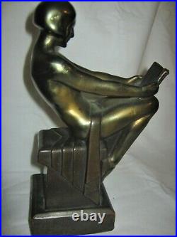 Antique Bronze Clad Art Deco Nude Woman Lady Read Book Statue Sculpture Bookends