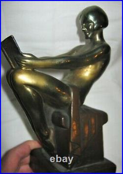 Antique Bronze Clad Art Deco Nude Woman Lady Read Book Statue Sculpture Bookends