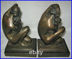 Antique Bronze Clad USA Nude Lady Bust Art Deco Statue Sculpture Book Bookends