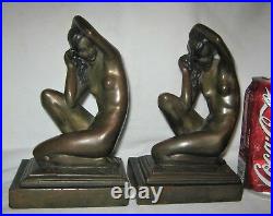 Antique Bronze Clad USA Nude Lady Bust Art Deco Statue Sculpture Book Bookends