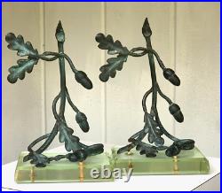 Antique Bronze & Glass Anthropomorphic Oak Branch Acorn Bookends Woodland Fairy