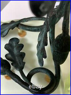 Antique Bronze & Glass Anthropomorphic Oak Branch Acorn Bookends Woodland Fairy