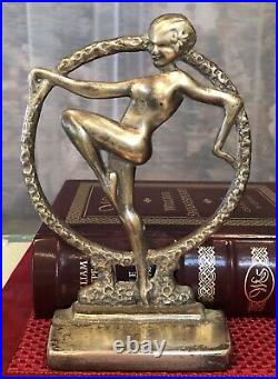 Antique Dancing Ladies Hoop Book Ends Art Deco Solid Bronze / Brass RARE Pair