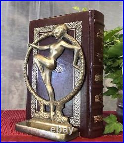 Antique Dancing Ladies Hoop Book Ends Art Deco Solid Bronze / Brass RARE Pair
