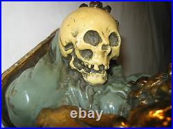 Antique Darwin Science School Man Skull Bronze Clad Art Statue Bookend Sculpture
