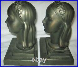 Antique Frankart Inc. USA Art Deco Lady Bust Head Statue Sculpture Book Bookends