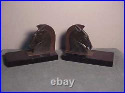 Antique French Art Deco Bronze Book-ends Roman Horse Head On Marble E. Guy