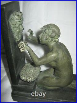 Antique French Art Deco Bronze Lady Bacchus Wine Water Fountain Statue Bookends
