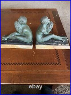 Antique French Gilded and Patinated Spelter Nude Girls Bookends on Original Base