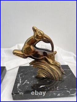 Antique French bookends Art Deco Deer Buck Gold metal Black 2 marble Gold Pair