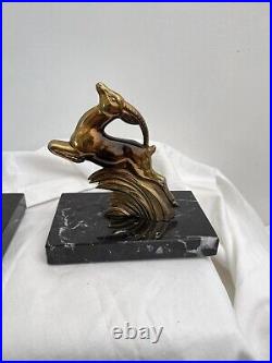 Antique French bookends Art Deco Deer Buck Gold metal Black 2 marble Gold Pair