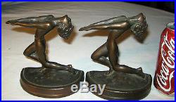 Antique Galvano Bronze Clad Nude Dancing Art Deco Lady Statue Sculpture Bookends