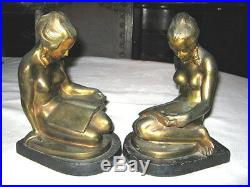 Antique Gay Chic Nude Lady Ronson Art Deco Statue Sculpture Bookends Bronze