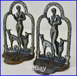 Antique Greyhounds Whippets Nude Figure Bookends Art Deco Metal Waterfall Frame