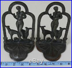 Antique Greyhounds Whippets Nude Figure Bookends Art Deco Metal Waterfall Frame