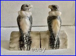 Antique Hand Carved Italian Marble Eagle Bookends Handsome Matching Set