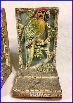 Antique Heavy Cast Iron Parrots Bookends Colorful Pair 5 Tall