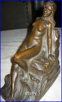 Antique J. Ruhl Huge Art Deco Armor Bronze Nude Statue Lady Sculpture Bookends