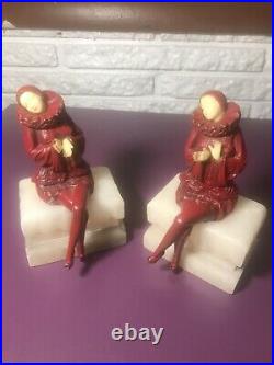 Antique JBHirsch Pierrot Art Deco Scarlet Red Enamel Figurine Harlequin Bookends