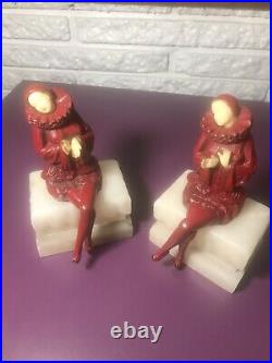 Antique JBHirsch Pierrot Art Deco Scarlet Red Enamel Figurine Harlequin Bookends