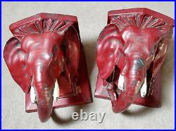 Antique L. V. ARONSON 1922 Elephant Head Bookend Art Deco Metal Red Enamel