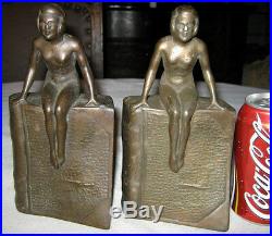 Antique Lg. Art Deco Cast Iron Nude Lady Bust Statue Sculpture Book Bookends