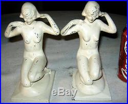Antique Nude Flapper Bronzart Deco Lady Girl Art Statue Sculpture Bookends