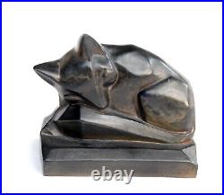 Antique Original Art Deco Cubist Sleeping Wild Fox Metal Bookends Sculptures