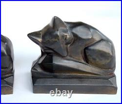 Antique Original Art Deco Cubist Sleeping Wild Fox Metal Bookends Sculptures