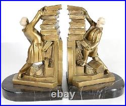 Antique Pair Art Deco France Bookends Metal & Marble Man Stacking Books